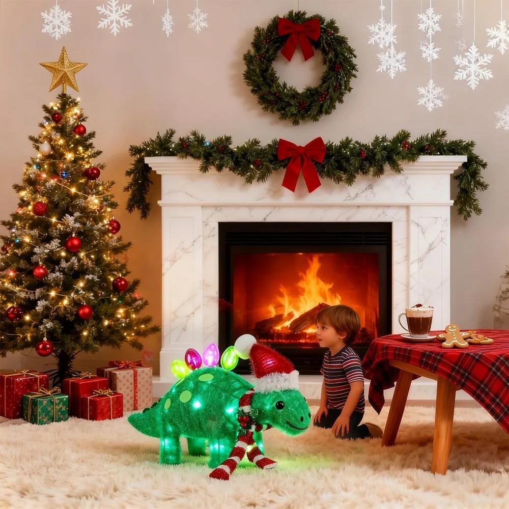 Beleuchtete 3D-Lametta-Stegosaurus-Weihnachtsdekoration, vorbeleuchtete grüne Dinosaurier-Hofkunst für den Außenbereich, 25 Länge x 13 Höhe
