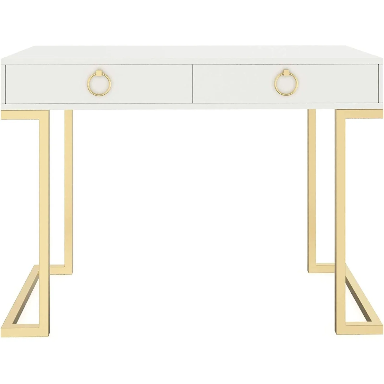 US Two-Drawer Writing Glam Accents Brass, Home Office Computer Desk or Vanity Table, 2, White/Gold, Small