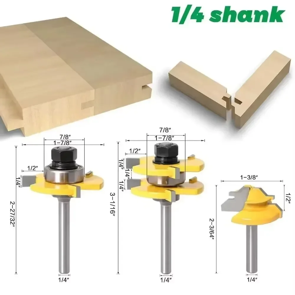 

3Pcs Woodworking Router Bit Set 1/4" 6.35mm 6mm Shank, 45° Lock Miter Bit & Tongue Groove Joint Milling Cutter