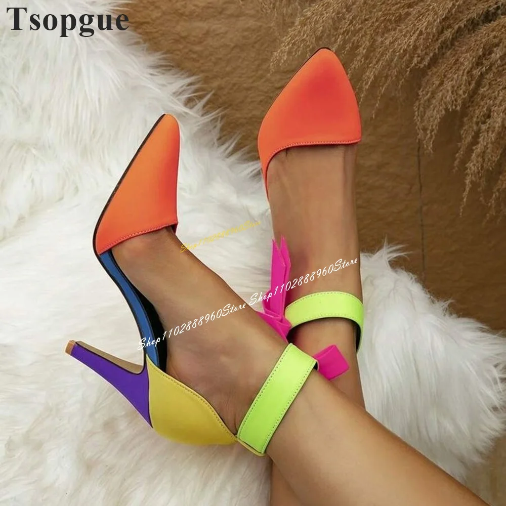 Trendy Candy Color Bowknot Sandals Thin High Heel Women Shoes Ankle Hook Strap Pointed Toe 2024 Fashion Zapatos Para Mujere