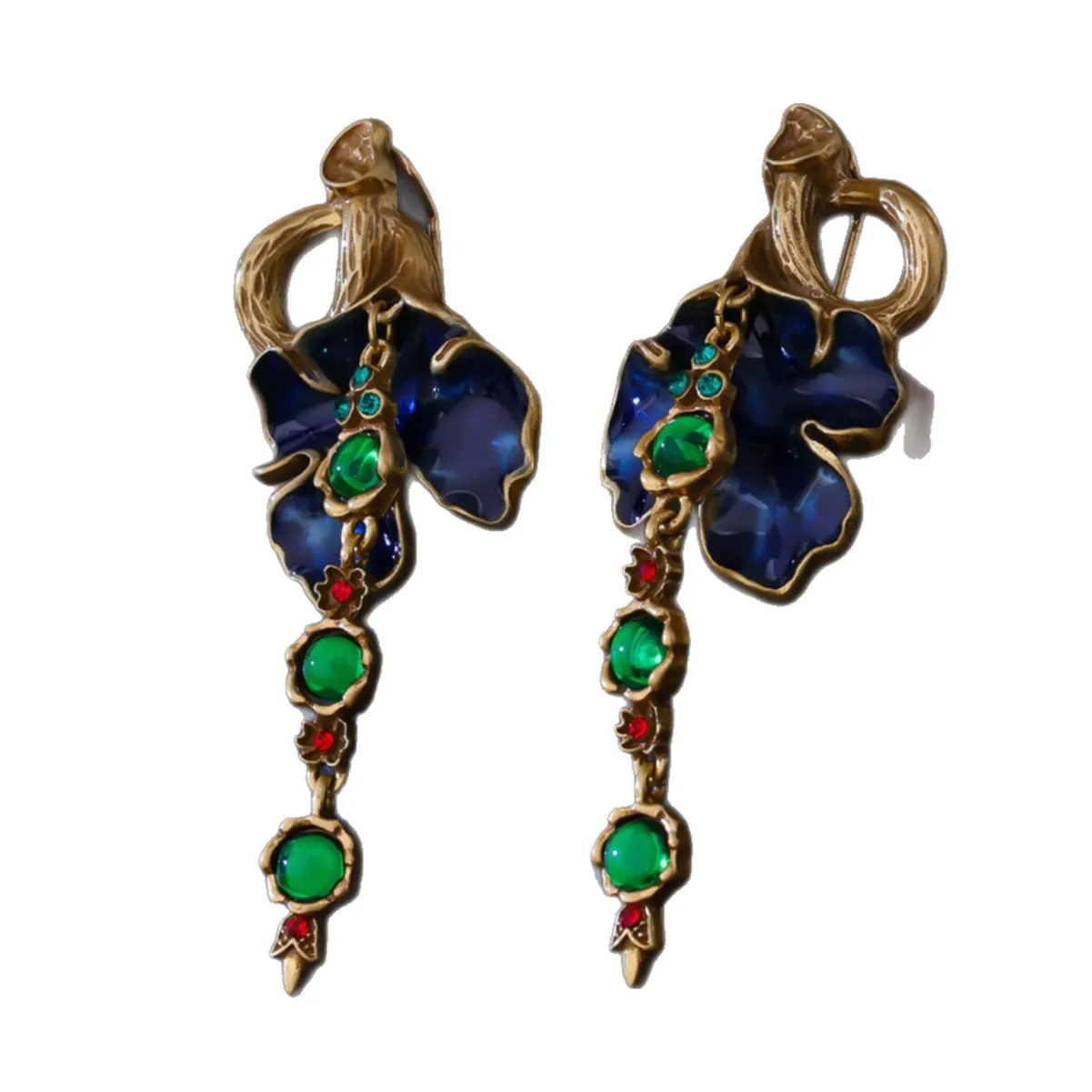 Retro Morning Glory Earrings, Personalized Heavy-duty Vintage Earrings, Glass Stone Encrusted Enamel Tassel Earrings for Women