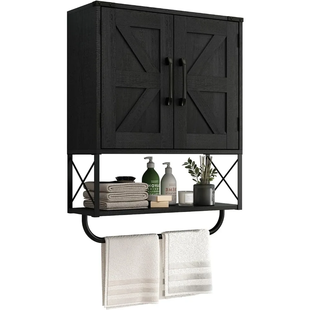 

Rustic Farmhouse Style Wall-Mounted Medicine Cabinet with Dual Barn Doors, Featuring Adjustable Shelves and Towel Bar, 3-Tier St