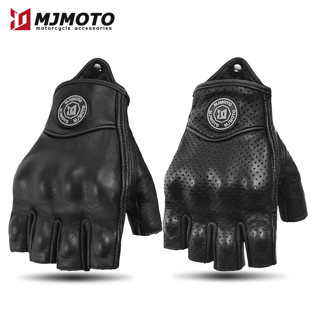 Summer Half Finger Motorcycle Gloves Retro Black Leather Motorbike Racing Gloves Motocross Moto Biker Cycling Fingerless Gloves