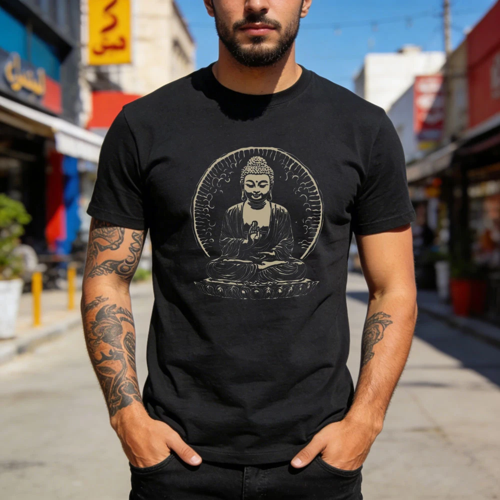 Vintage Buddha Meditation T-Shirt Meditating Buddha with Mudra Gesture Print Shirt Men Unisex Crewneck Cotton Short Sleeve
