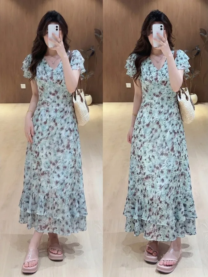 

plus Size Floral Print V-Neck Tie Waist Long Dress Summer Short Sleeve A-Line Skirt Blue Color Women's Clothing Casual Wear