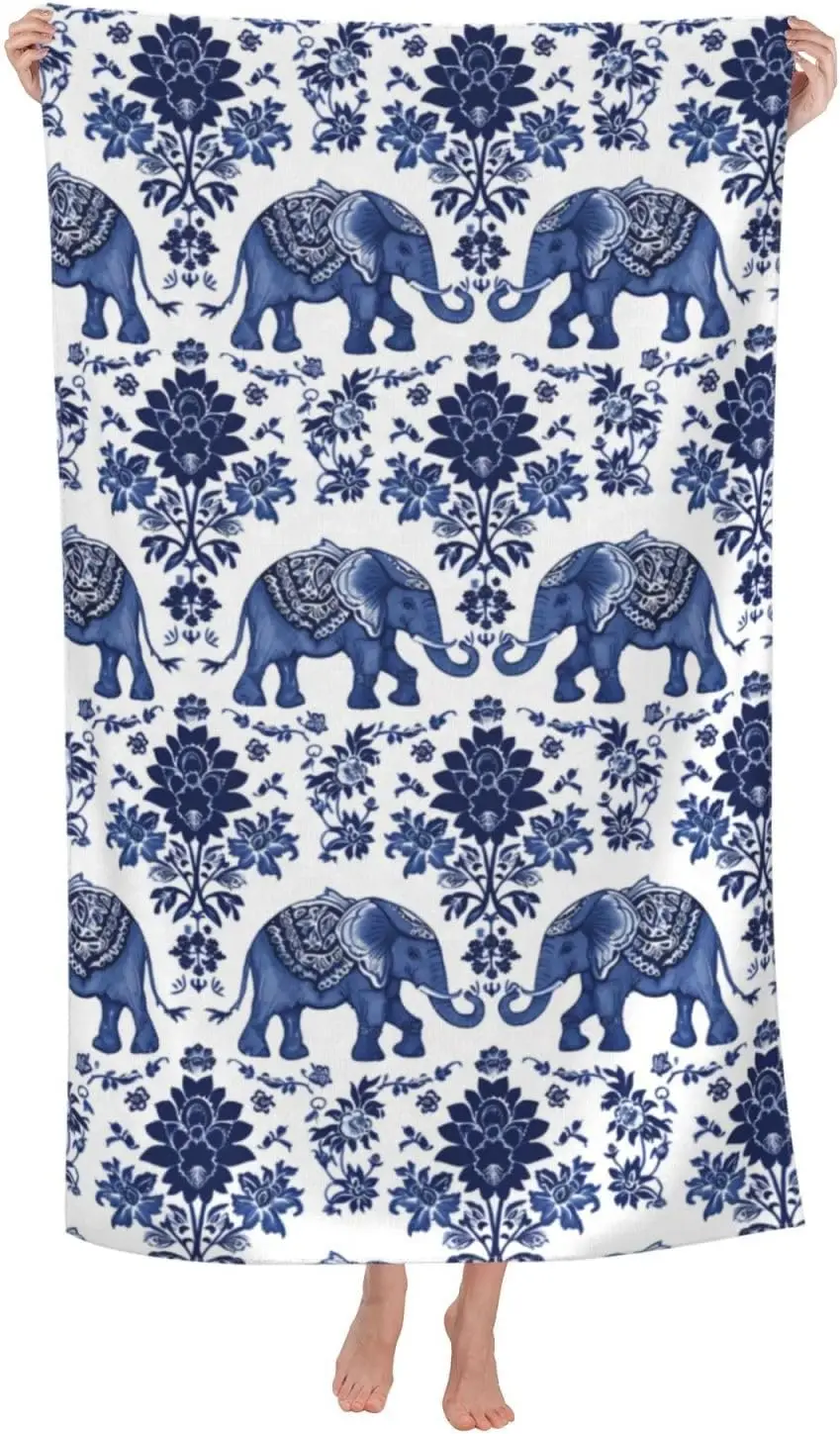 Blue Elephant Beach Towel,Microfiber Quick Dry Asian Floral Flower Boho Bath Towels, Soft Lightweight Oversized Sand Free, for