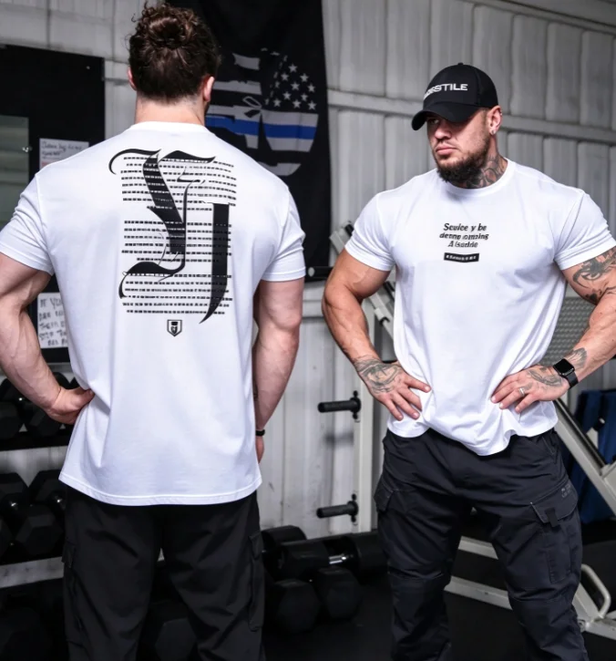 2026 new Dual‑Sided Gothic Script Text Block Graphic Print High‑Quality Comfort Loose Gym Short‑Sleeve Tee