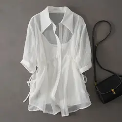 2024 Summer Drawstring Retract Your Waist Short Sleeve Tencel Shirt Thin Style Easy Comfortable Solid Color Button Women's Shirt