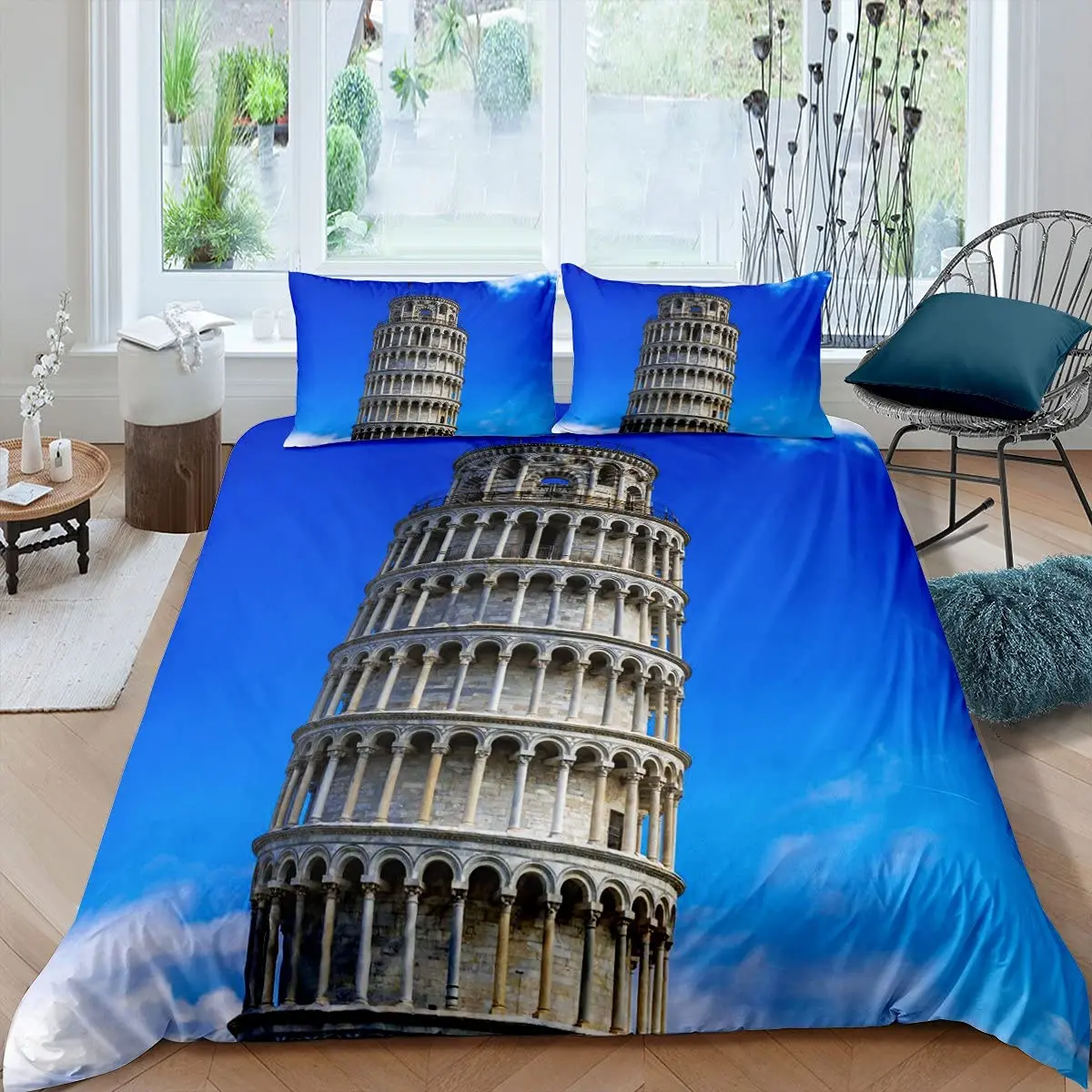 

Leaning Tower of Pisa Duvet Cover Paris Tower Bedding Set Blue Sky Comforter Cover Vintage Tower with 2 Pillowcases 3Pcs Bedding