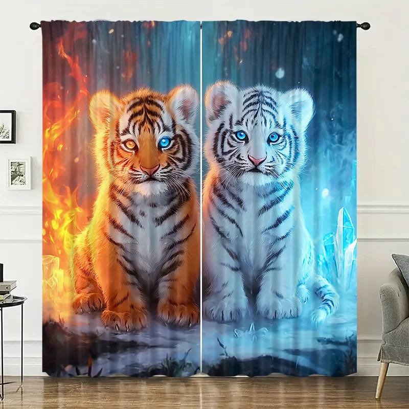 Fire Ice Tiger animal curtains, installed using pocket rod method, suitable for bedrooms, living rooms, balconies for decoration