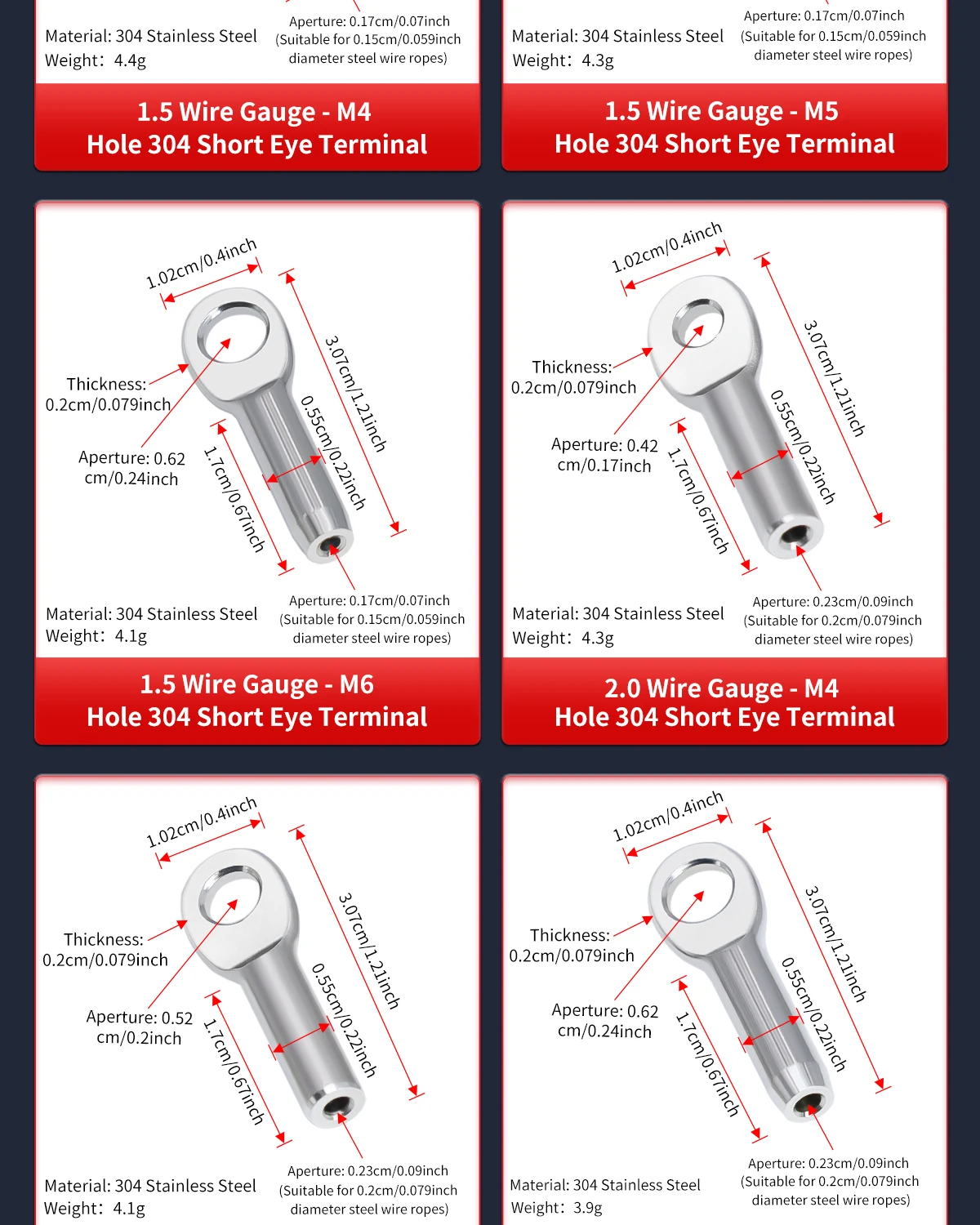 1,5-6mm 304 Edelstahl Ösen-Klemmclip, Drahtseil-Verbindungsclip, M4/M5/M6/M8/M10 Klemmterminal – Detail 10