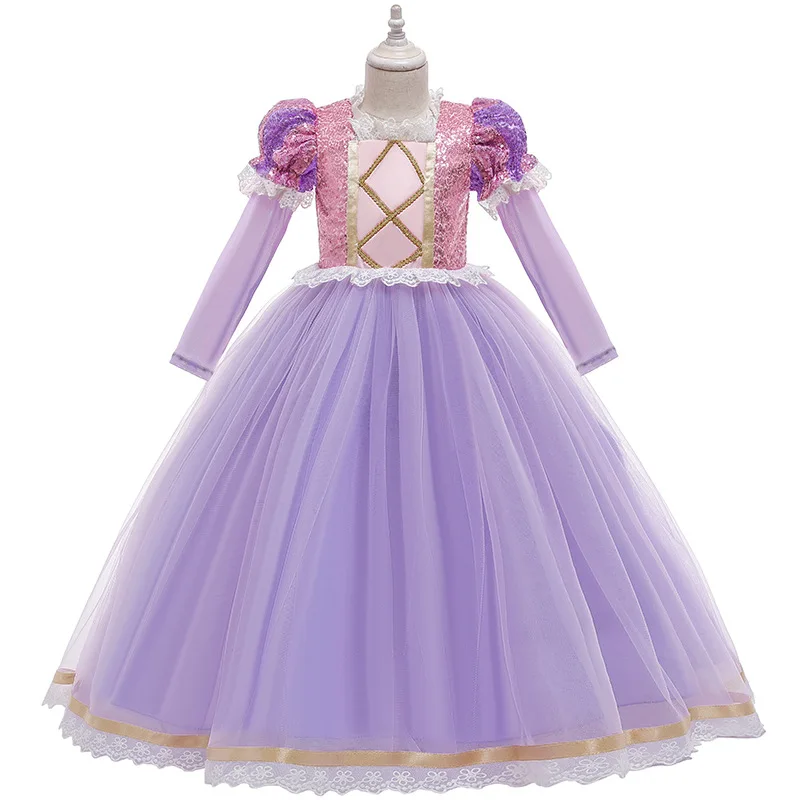 2024 Christmas Disguised Girls Long Sleeve Rapunzel Sofia Princess Dress Halloween Children Lace Sequined Birthday Party Dresses