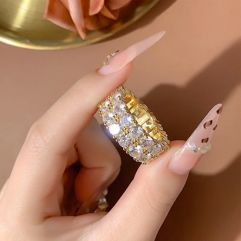 

Trendy Double Row Diamond Embedded Zircon Rings for Men And Women Hip Hop Street Sle Faionable Jewelry Rings