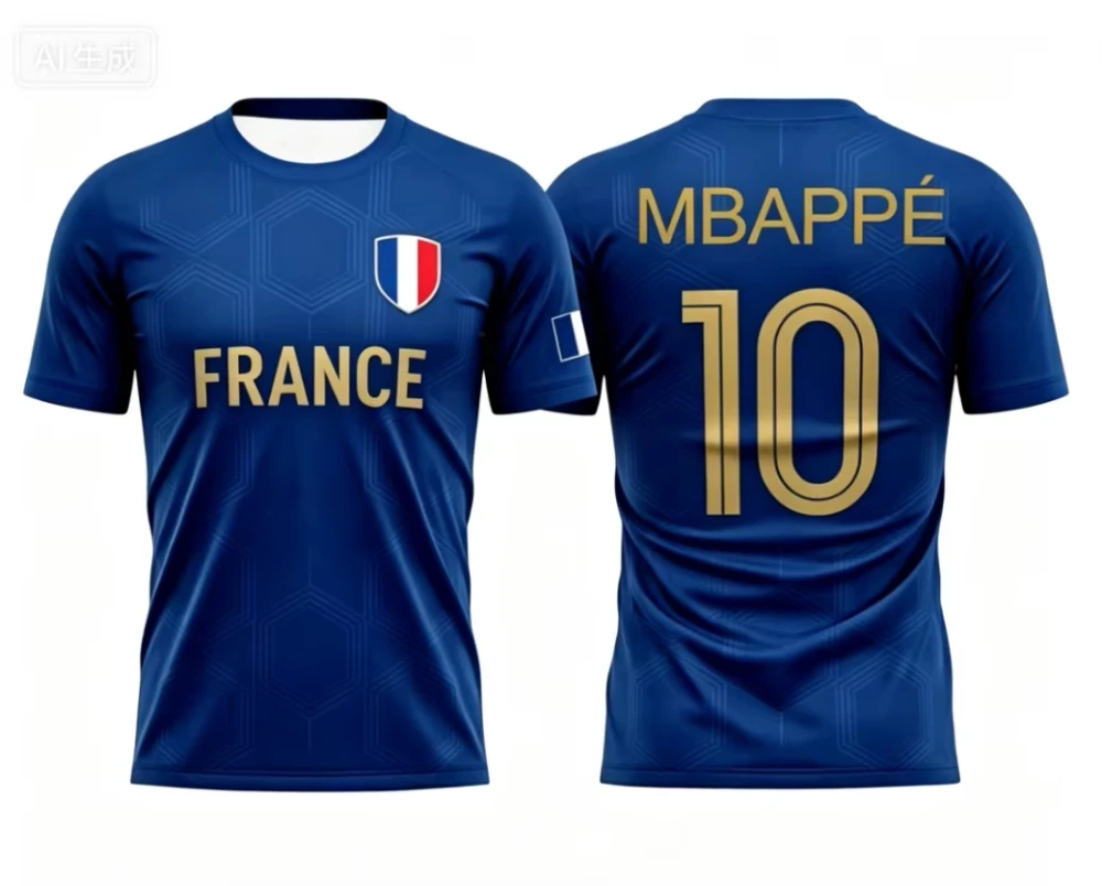 France 26-27 3D Soccer Jersey Dark Blue Gold Print #10 MBAPPE Breathable Quick Dry Lightweight Men Short Sleeve Football Shirt