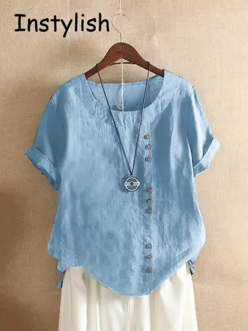 Camiseta vintage de botão Harajuku, casual verão manga curta algodão linho, blusa sólida solta, elegante camiseta extragrande, streetwear
