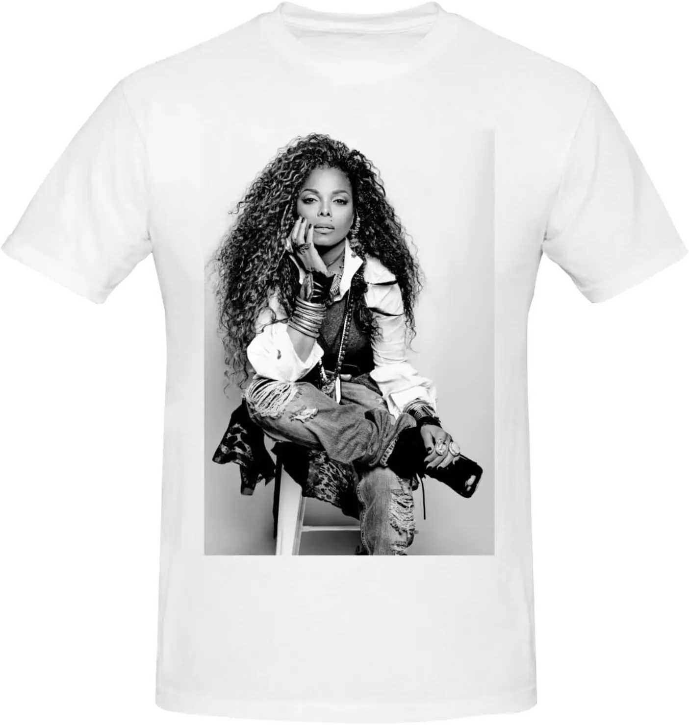 Janet Music Jackson T-Shirt Men\'s Cotton Performance Basic Short Sleeve T-Shirt Large White