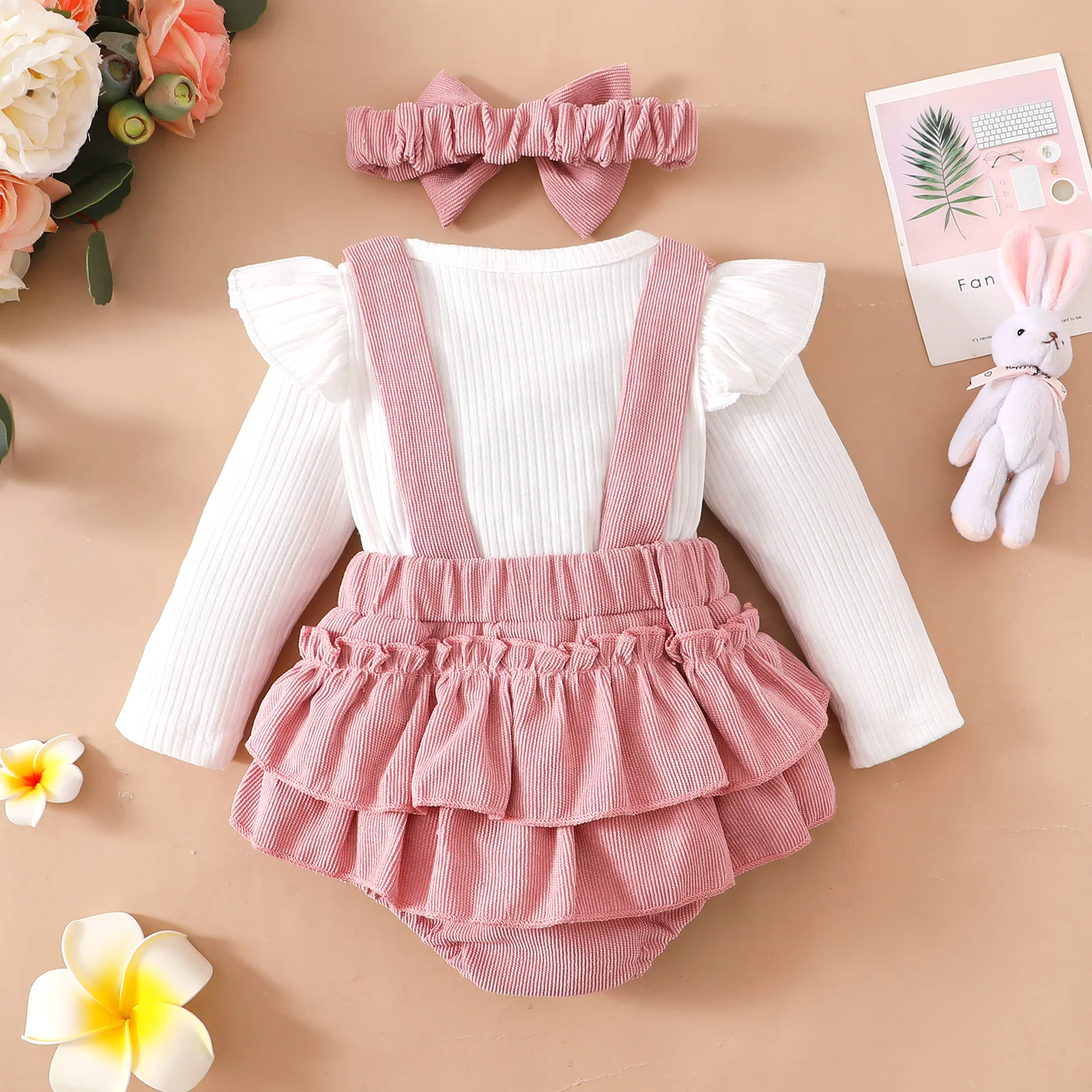 Baby Girls Fake-2-Pieces Fall Romper Ruffle Long Sleeve Round Neck Corduroy Suspender Short + Headband Casual Spring Jumpsuit