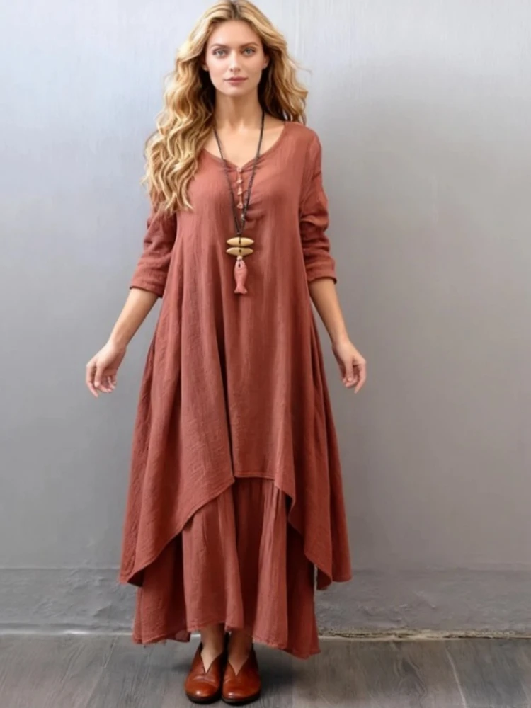 Abito estivo elegante in lino maxi tinta unita Abito casual a maniche lunghe con scollo a V Abito ampio Boho Abiti vintage con orlo asimmetrico