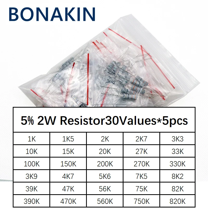 Kit de resistencias de película de carbono, 2W, 5%, 1K -820K ohm, 30 tipos x 5 piezas = 150 unids/set