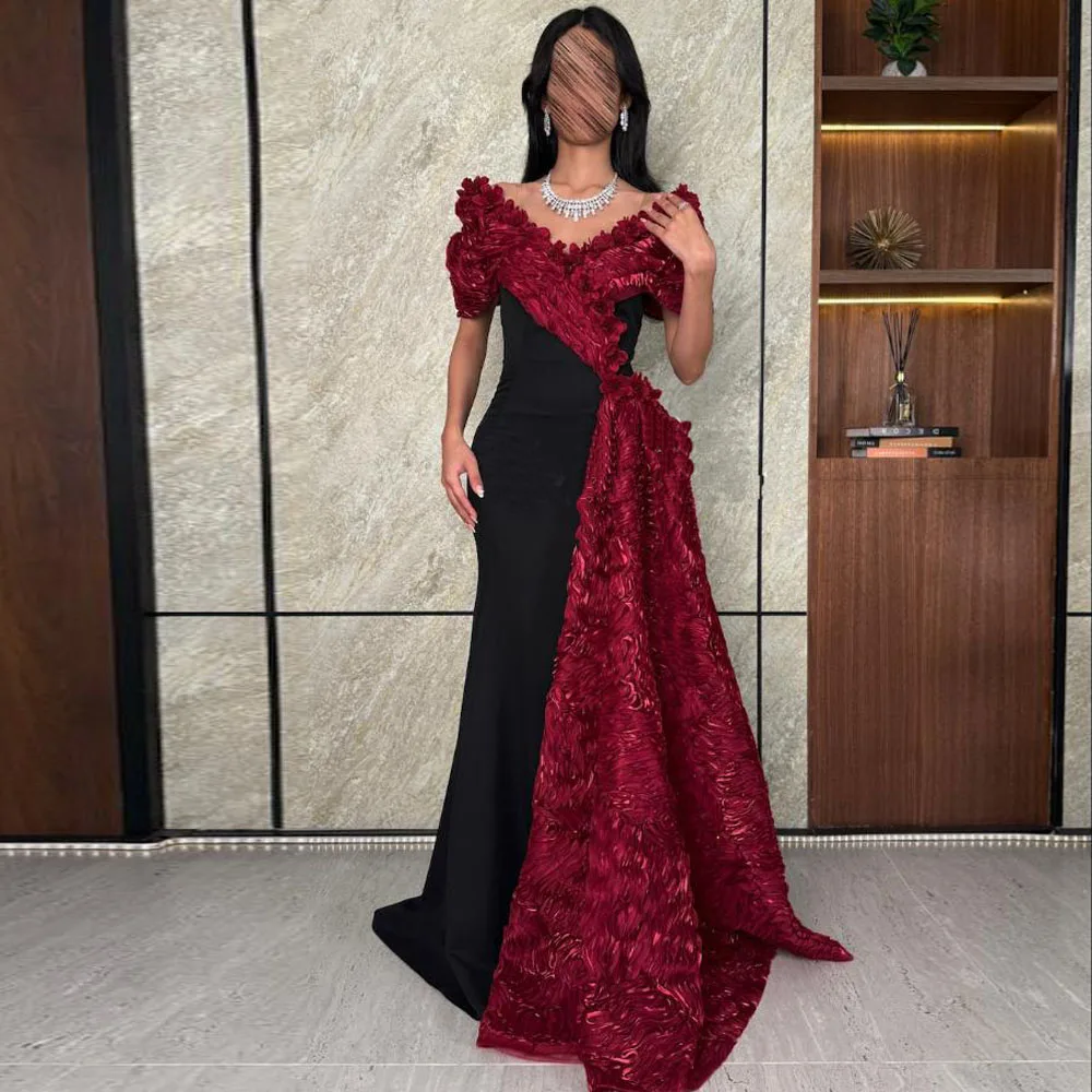 

Customized Contrast Color Formal Dresses Off the Shoulder Rose Flower Evening Gown V Neck Cape Sleeve Mermaid hochzeitspartyklei