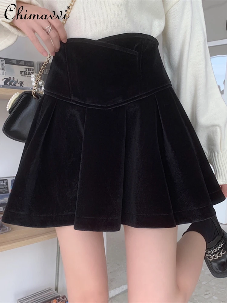 Korean Style Fashion Sweet Velvet Women's Pleated Skirt 2023 Autumn and Winter High Waist Temperament Slimming A- Line Skirts