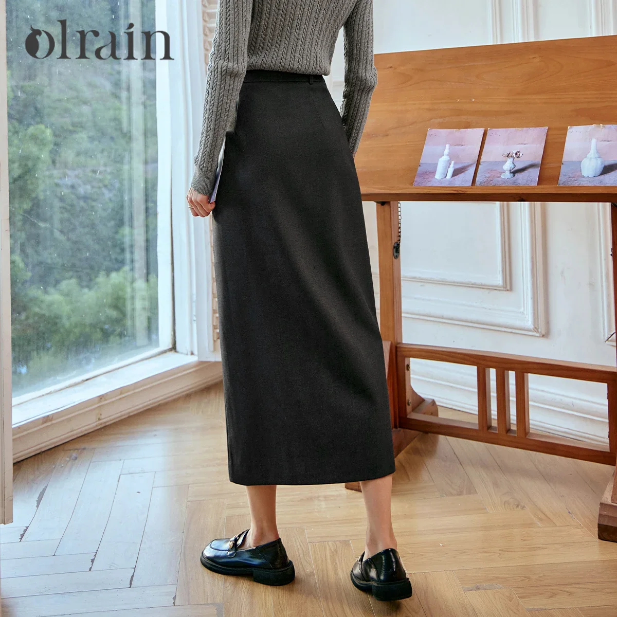 OLrain Dark Gray Split Midi Skirt Women 2025 Spring Commute Elegant Front Slit Skirts Office Ladies Workwear Clothes O24CB88329