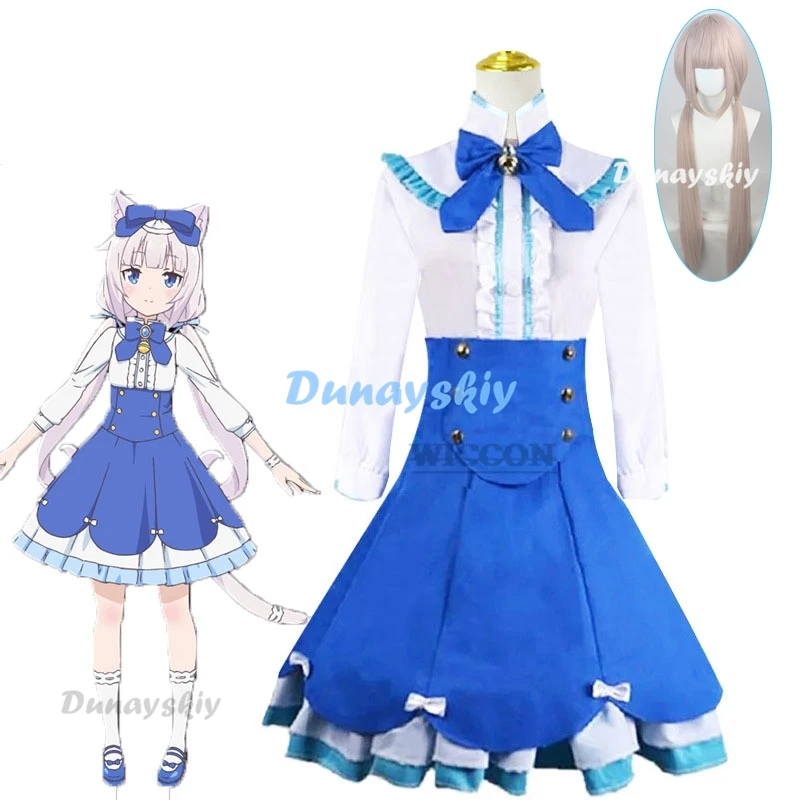 Vanilla Cosplay Costume Pink Wig Anime Nekopara Cat Girls Women Lolita Dress Sexy Uniform Halloween Party Blue Dress Set cos