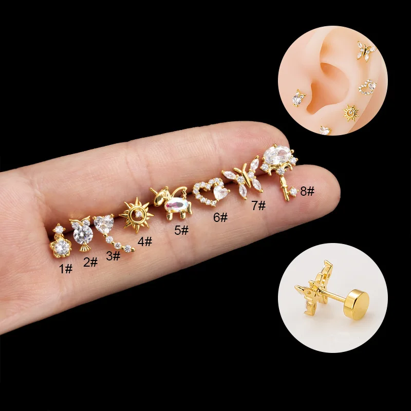 1PC 20G Stainless Steel Zircon Flat Back Stud Earrings for Women Girl Unicorn Butterfly Cartilage Earring Helix Piercing Jewelry