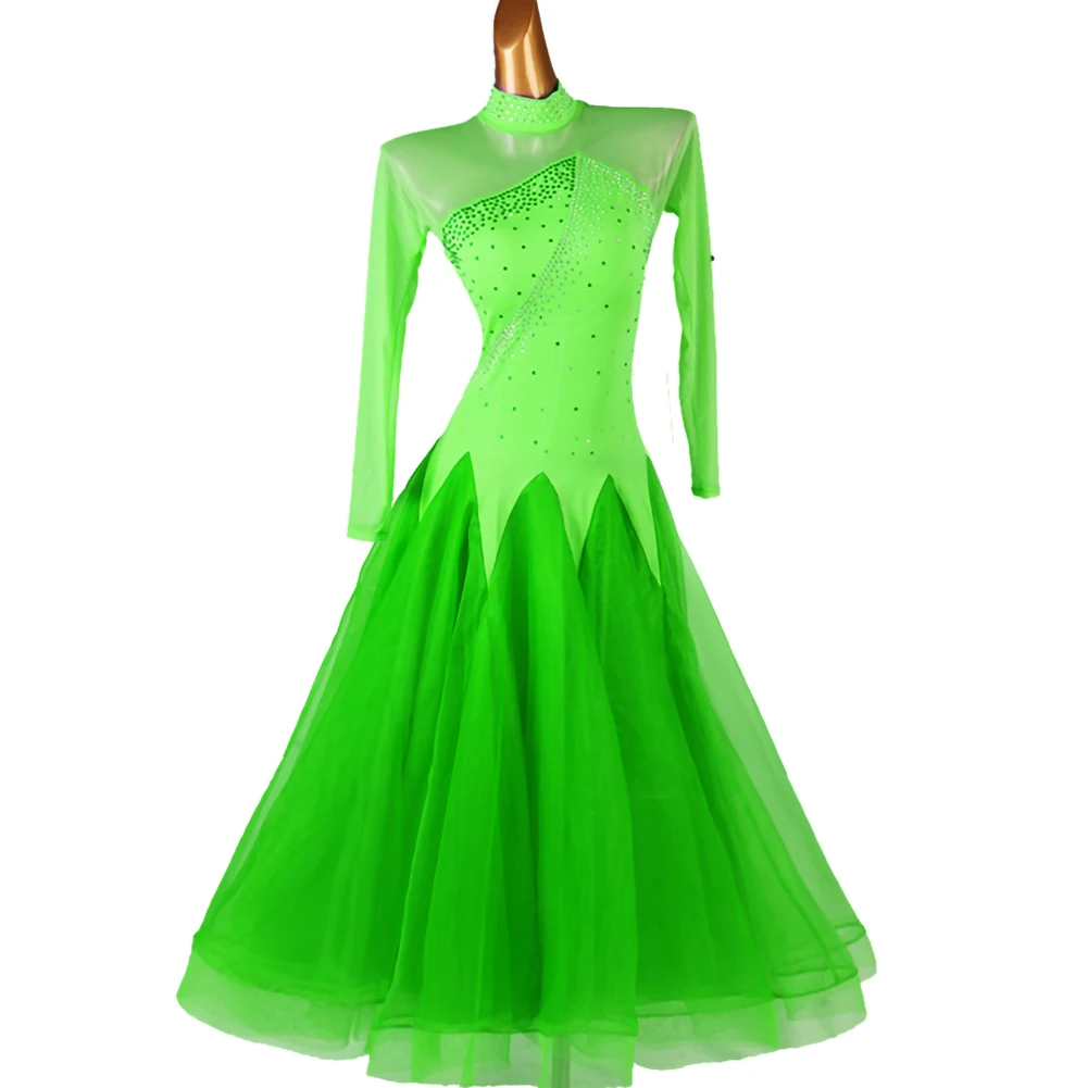 

Modern Dance Party Dress Fluorescent Green Lake Blue Practice Dance Dress Long Sleeve Competition Rhinestone High Neck Waltz