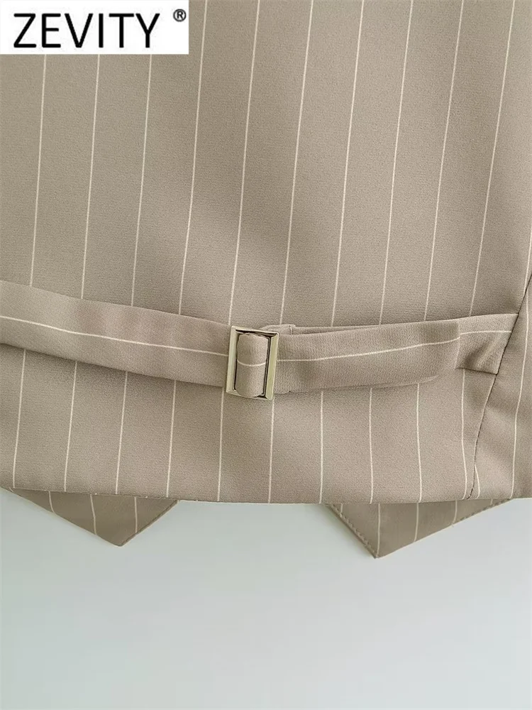 Zevity Women Fashion V Neck Striped Print Short Vest Jacket Office Ladies Sleeveless Single Breasted WaistCoat Crop Tops CT3827