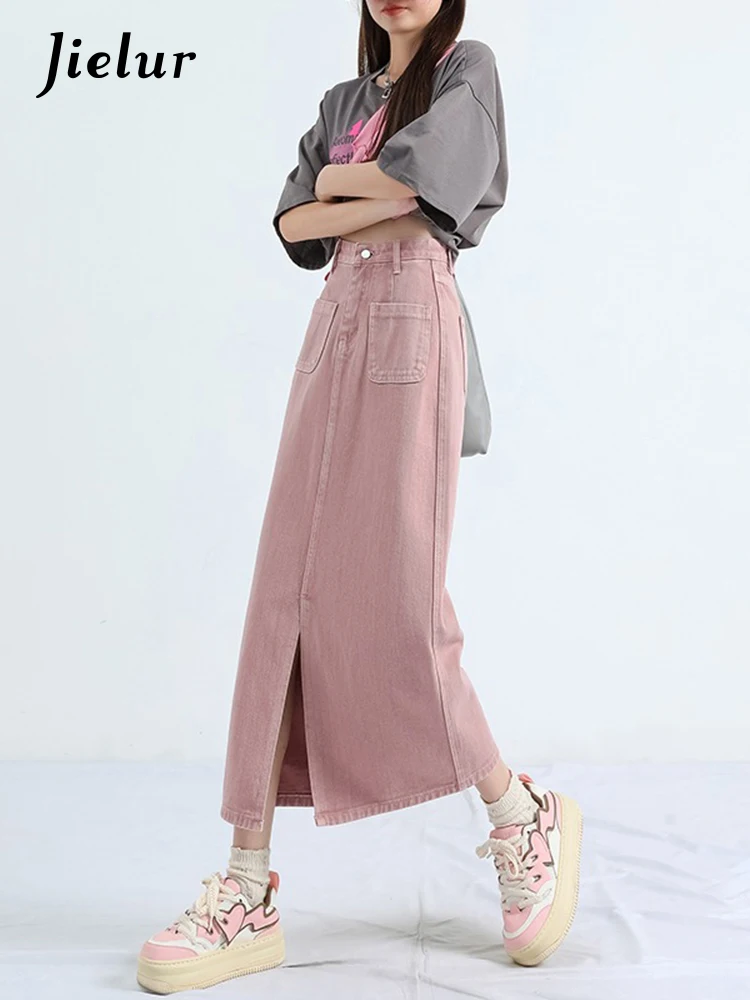 

Jielur Summer New Solid Color Slim Women's Skirt High Waist Simple Basic Skirt Woman Pink Loose Tight Hip Chicly Skirt Female