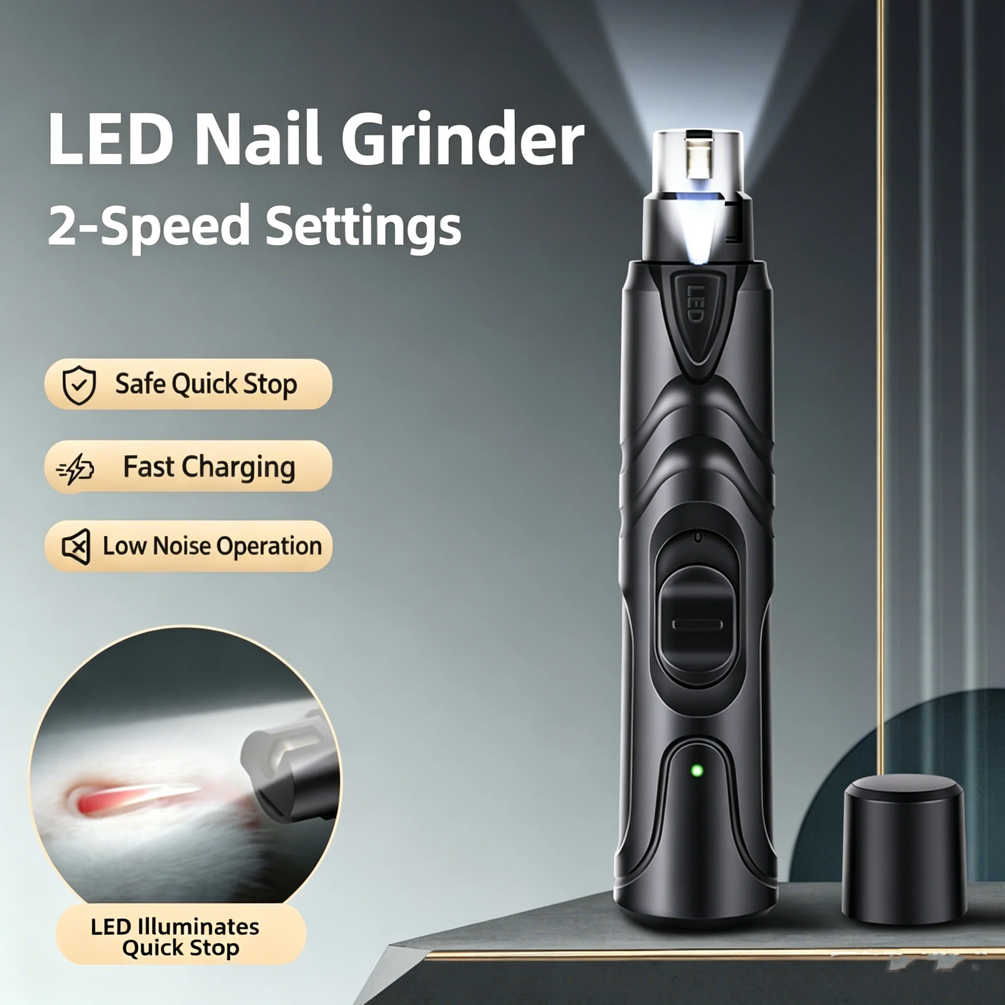Pet Nail Grinder with LED Illumination 2 Speed Setting Quiet Nail Trimmer USB Rechargeable for Dogs Pets