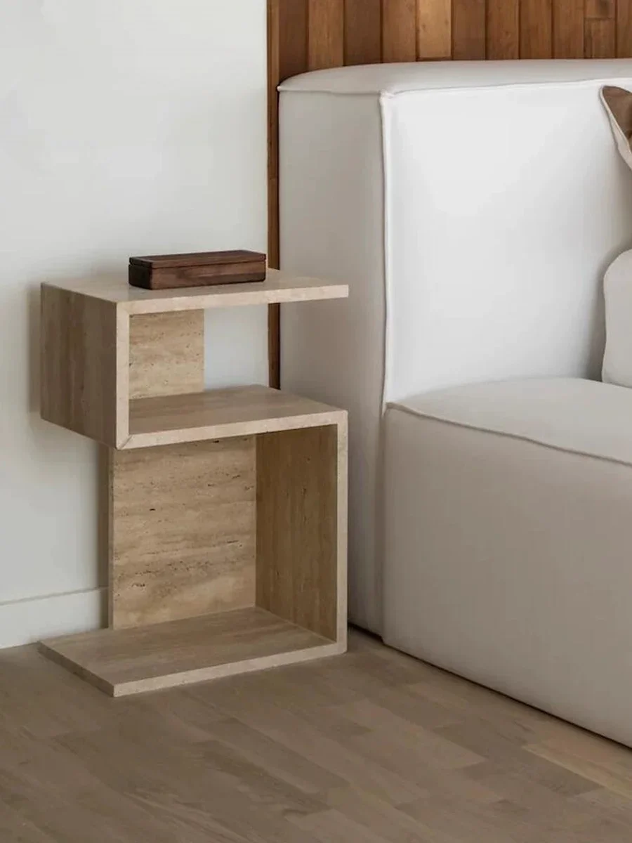 Nordic Light Luxury Natural Travertine Side Table, Wabi-Sabi Minimalist Storage End Table Sofa Bedside Accent Table Living Room