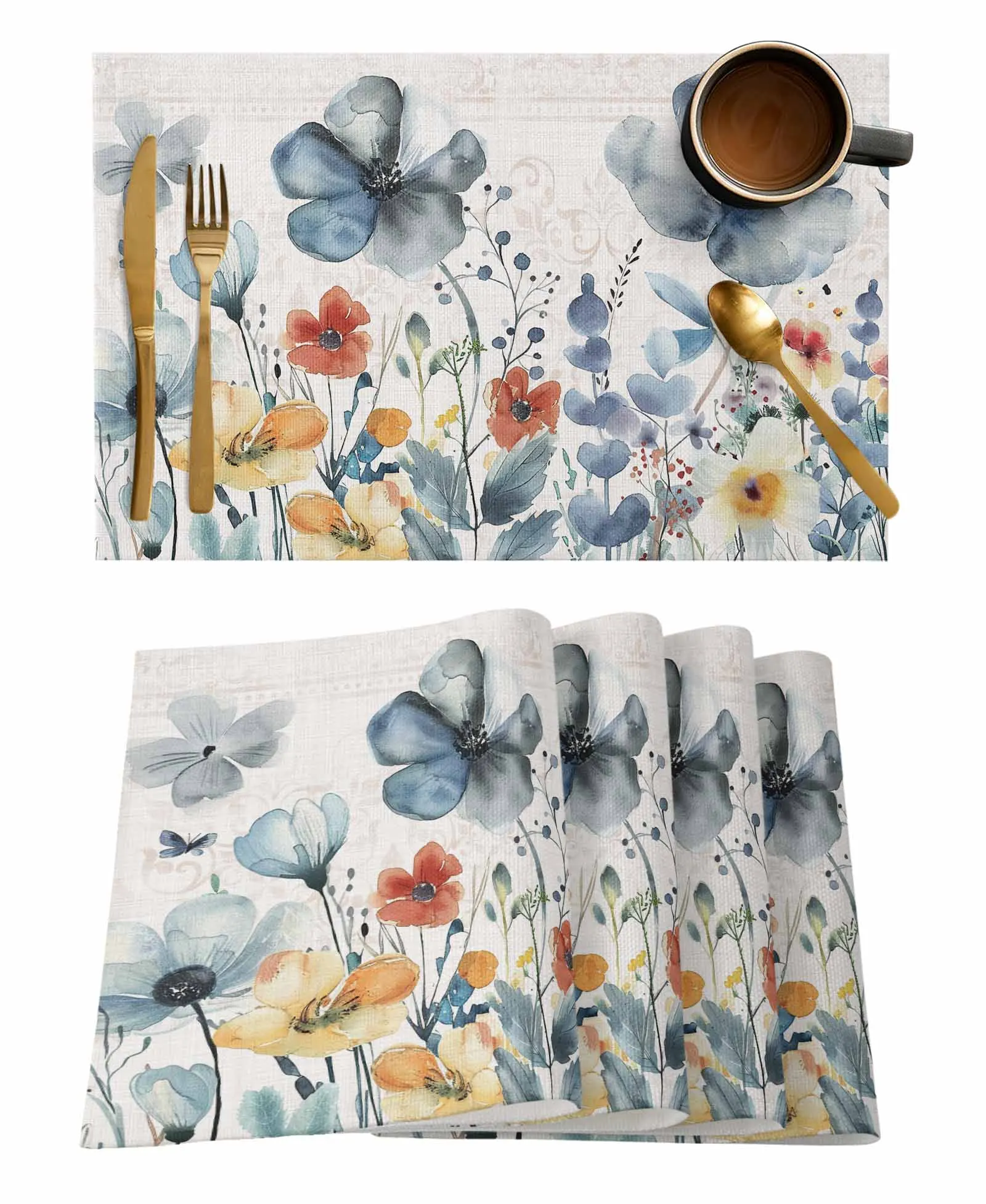 Spring Plant Wildflower Countryside Style Kitchen Tableware Cup Bottle Placemat Coffee Pads 4/6pcs Desktop Mats