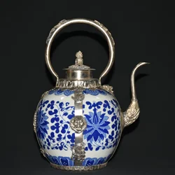 Old Chinese Blue and White Porcelain Copper Teapot Wine Pot Home Decoration