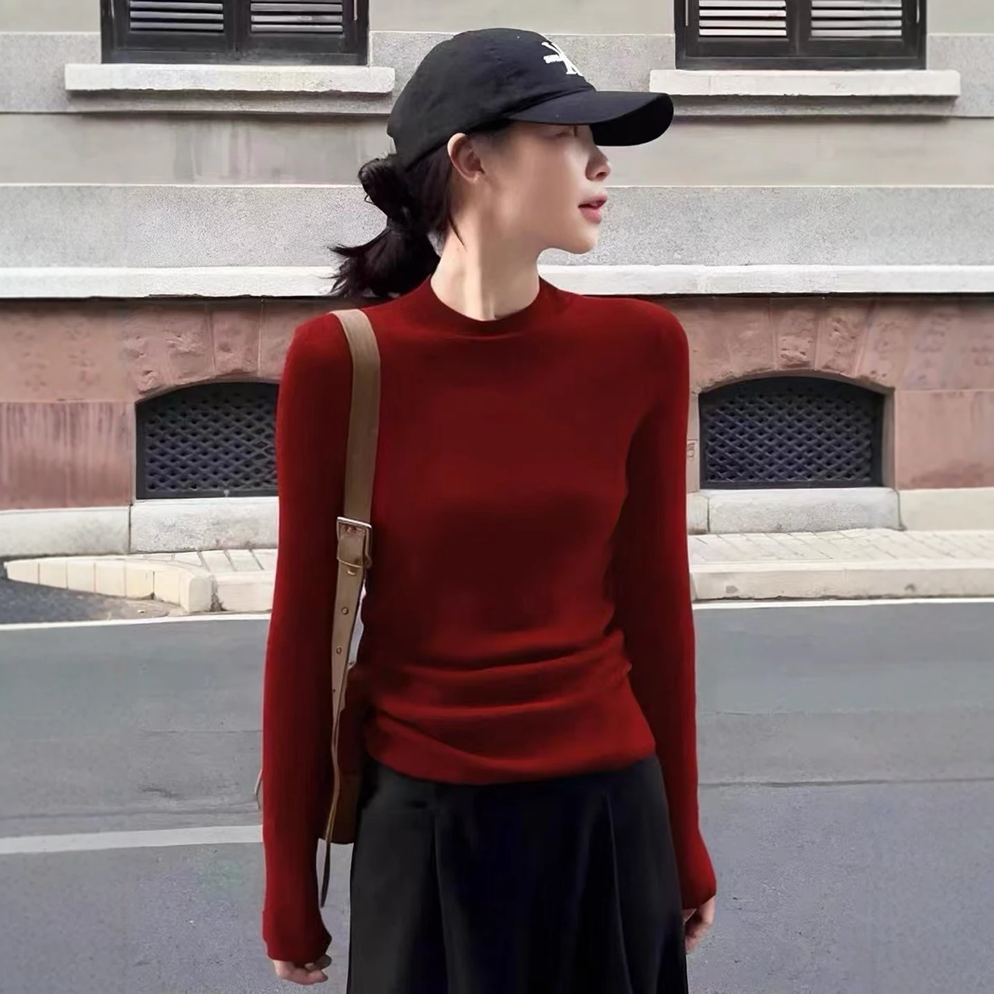 

Красный винный цвет f Высокий воротник Slim Fit Длинный свековый вязаный свитер для женщин Осенний сезон База irt oulder Level Top