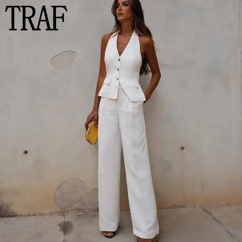 TRAF White Wide Leg Pants Women High Waist Baggy Pants Woman Fashion Office Wear Women\'s Trousers Chic And Elegant Woman Pants