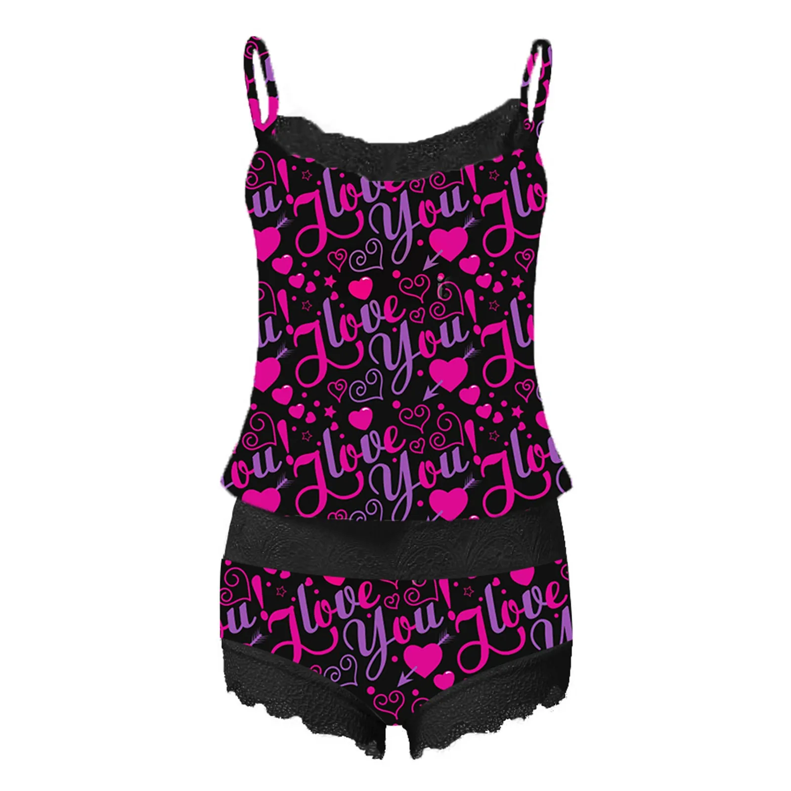 Pyjama sexy imprimé I Love You pour femme, ensemble deux pièces, fibrCamisole, short, lingerie Saint Valentin, vêtements de nuit trempés