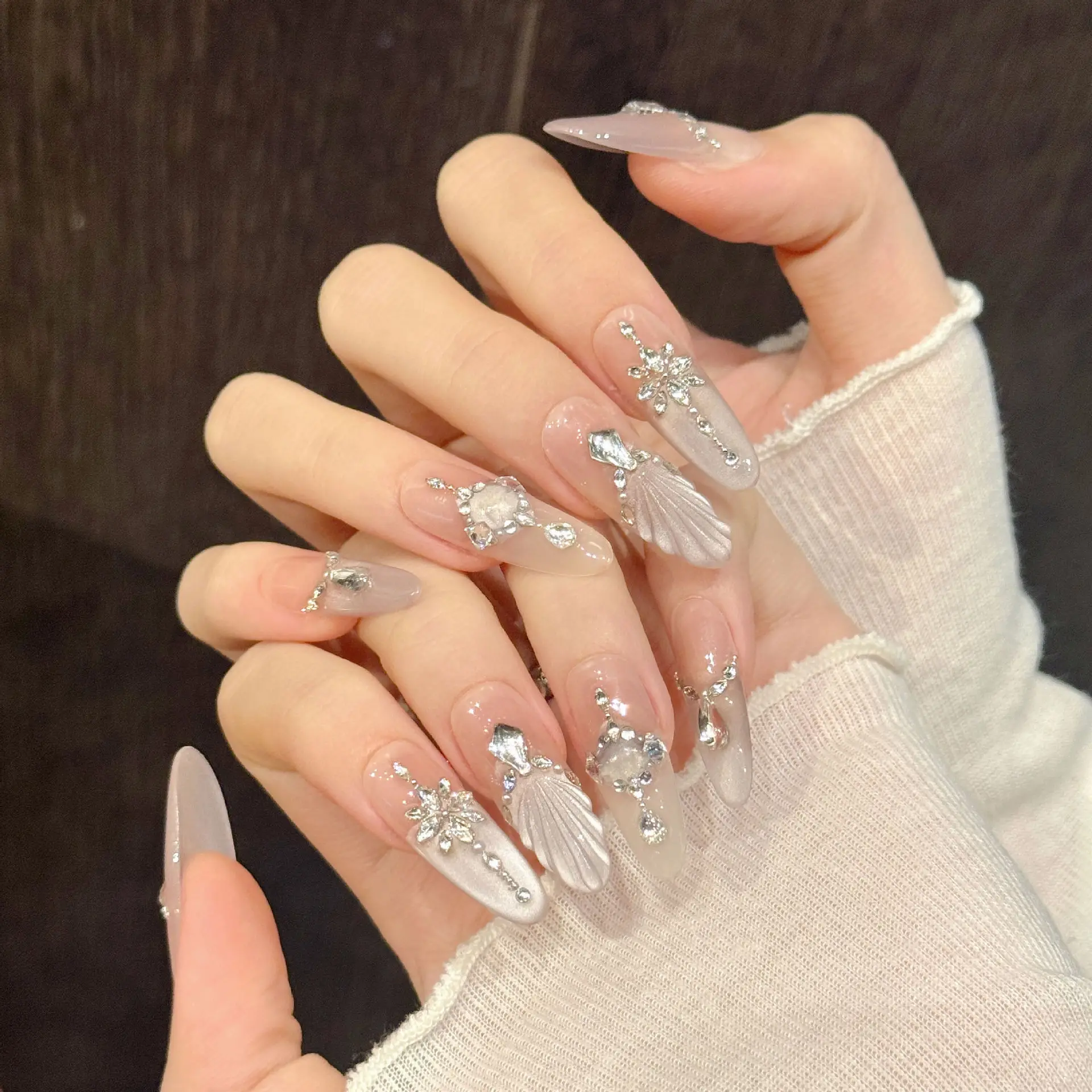 10개입 새 수제 인조 손톱 요정 손으로 그린 물고기 꼬리 프렌치 스타일 프레스 온 네일 광택 있는 캣츠 아이 탈부착 가능한 가짜 손톱