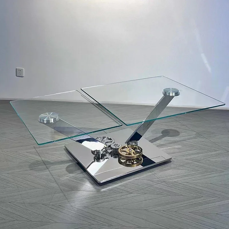Mechanical gear coffee table rotatable tempered glass