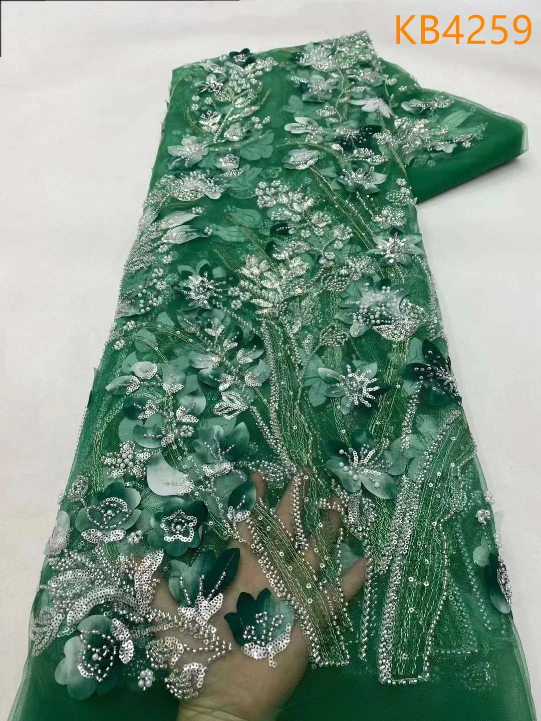 

3D Floral Lace Fabric Beads Embroidery Lace Luxury Fabric For Dress 5 Yards With Beads Green Sequins Bridal Lace For Sewing