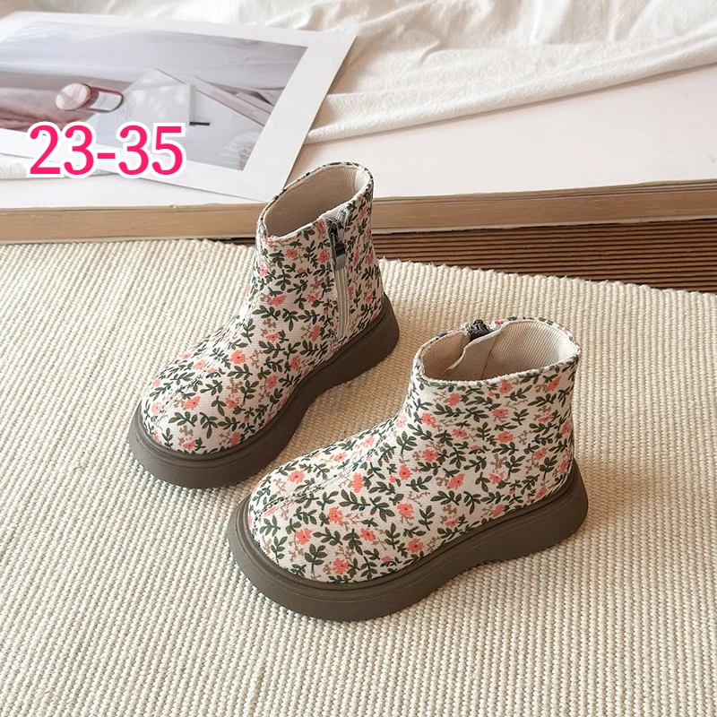 Floral Print Girls Boots Non-Slip Rubber Sole Side Zipper Easy Wear Toddler Footwear Kids Single Shoes Children's Short Boots