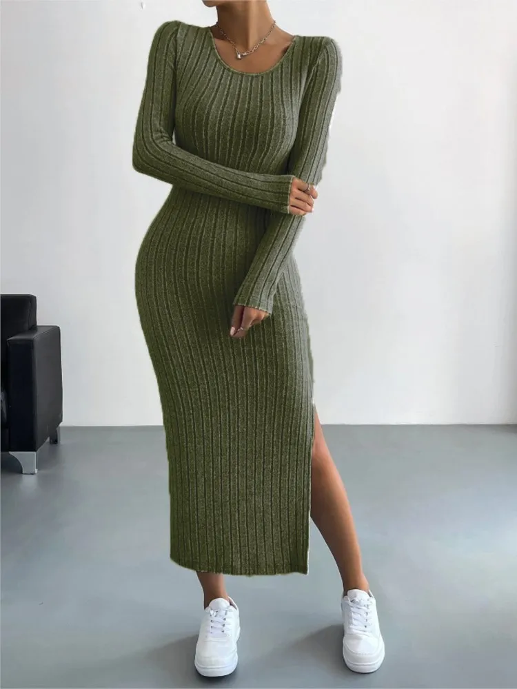 

Women's Slim Long Casual Elegant Dresses 2025 Autumn Winter New Long Sleeve O Neck Split Knit Fashion Slim Dress Female Clothing