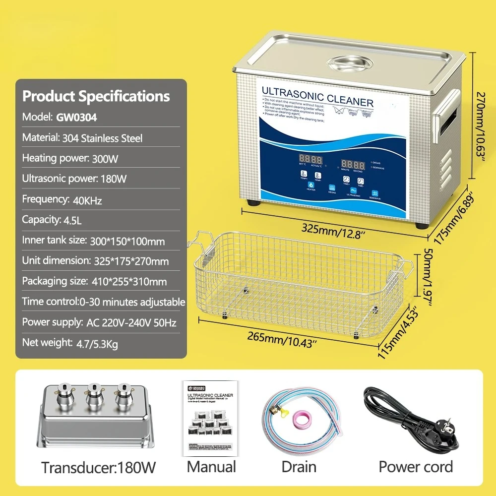 

4.5L Ultrasonic Cleaner 40kHz 180W with Degas & Half-Wave – For Instruments, and Plastic Toy Cleaning