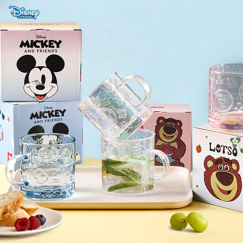 

Disney Mickey Mouse colorful embossed glass 420ml mug Mickey Strawberry Bear drinking glass milk glass