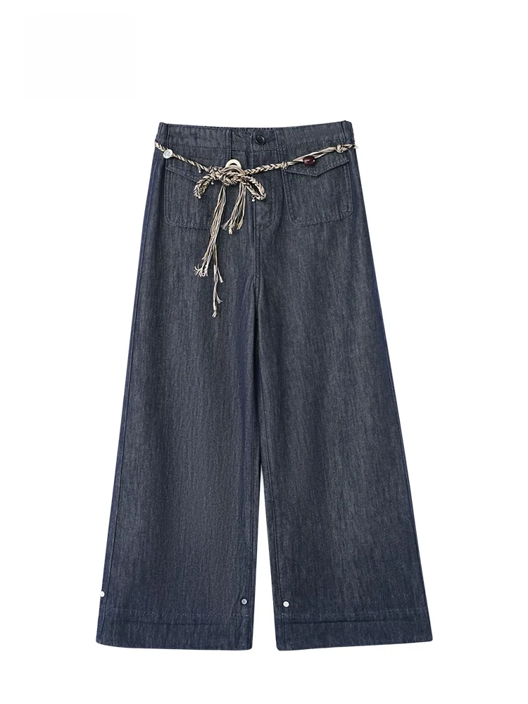 

GOFAR High Waist Wide Leg Jeans Women's Loose Straight Cut Denim Trousers Casual Sle with Waist Cord Long Pants
