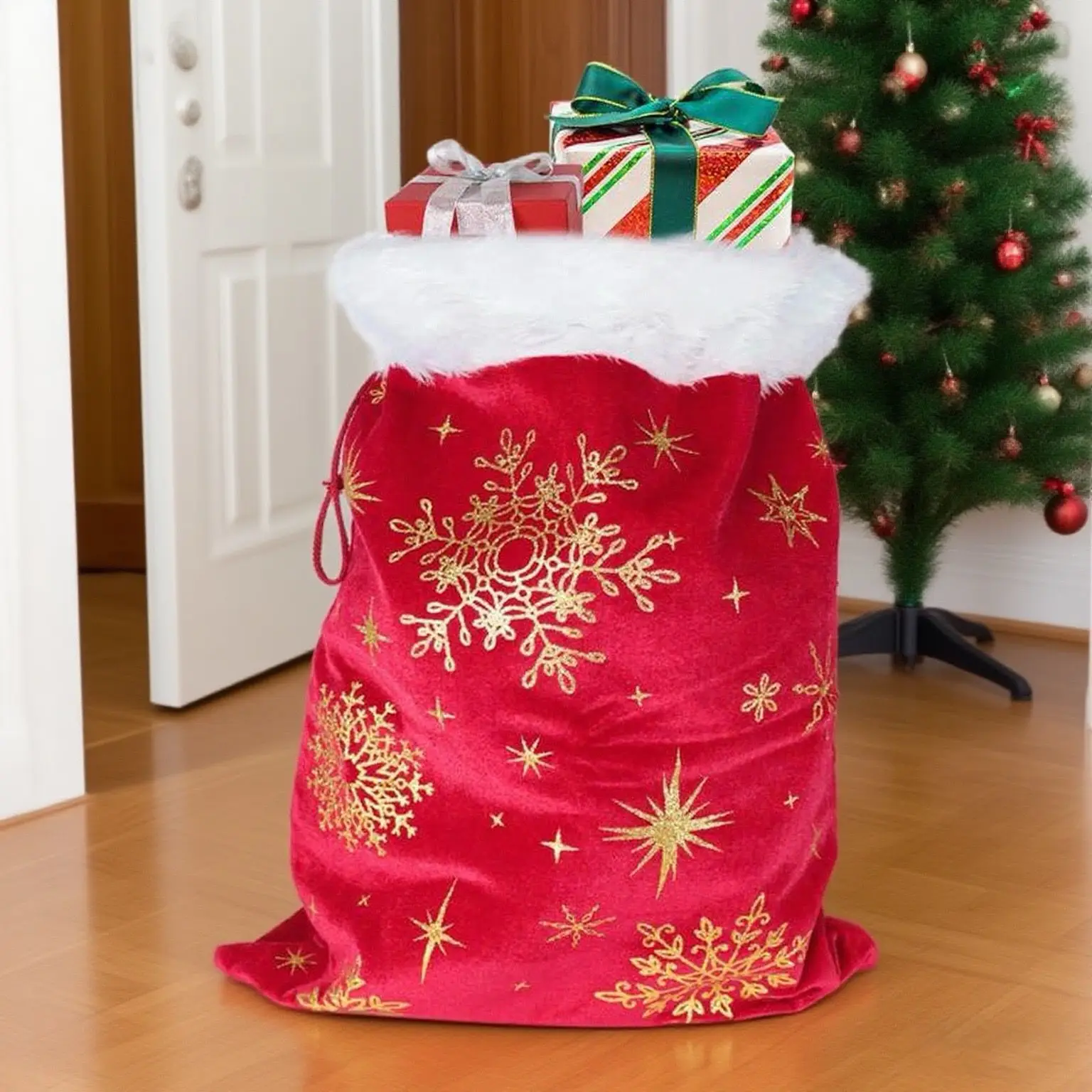 Large Christmas Gift Bag Classic Red Bronzing Snowflake White Plush Christmas Decoration Christmas Eve Gift