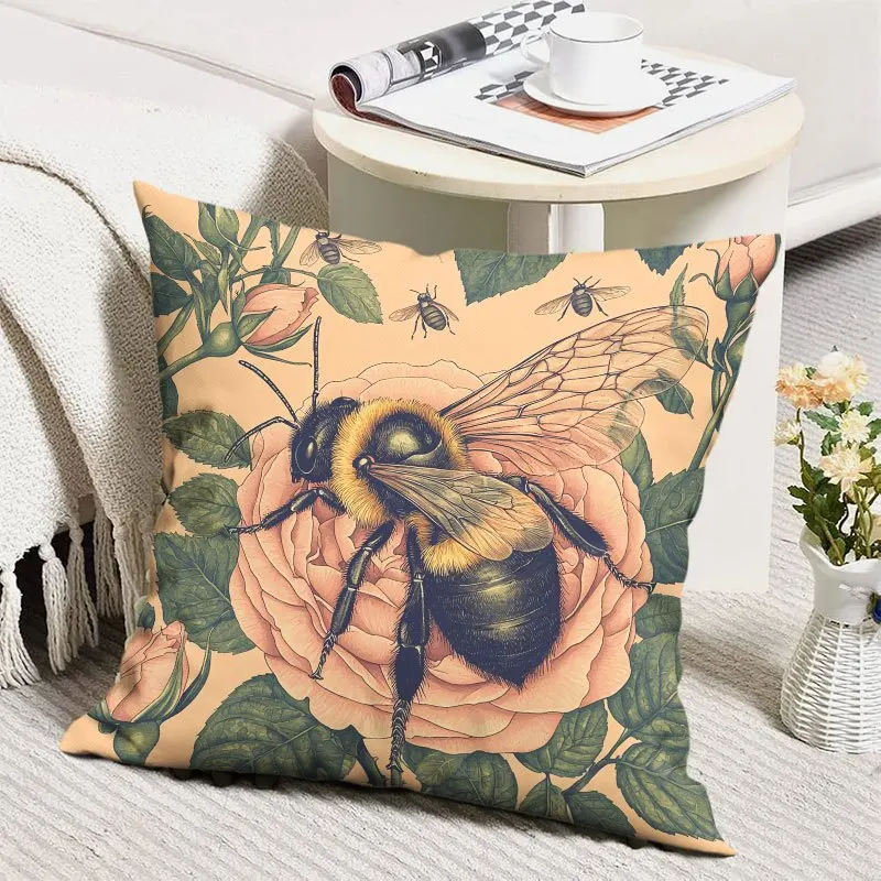 Botanical Bee and Rose Floral Print Throw Pillow Case Cushion Cover Vintage Cottagecore Aesthetic Home Decor Gift