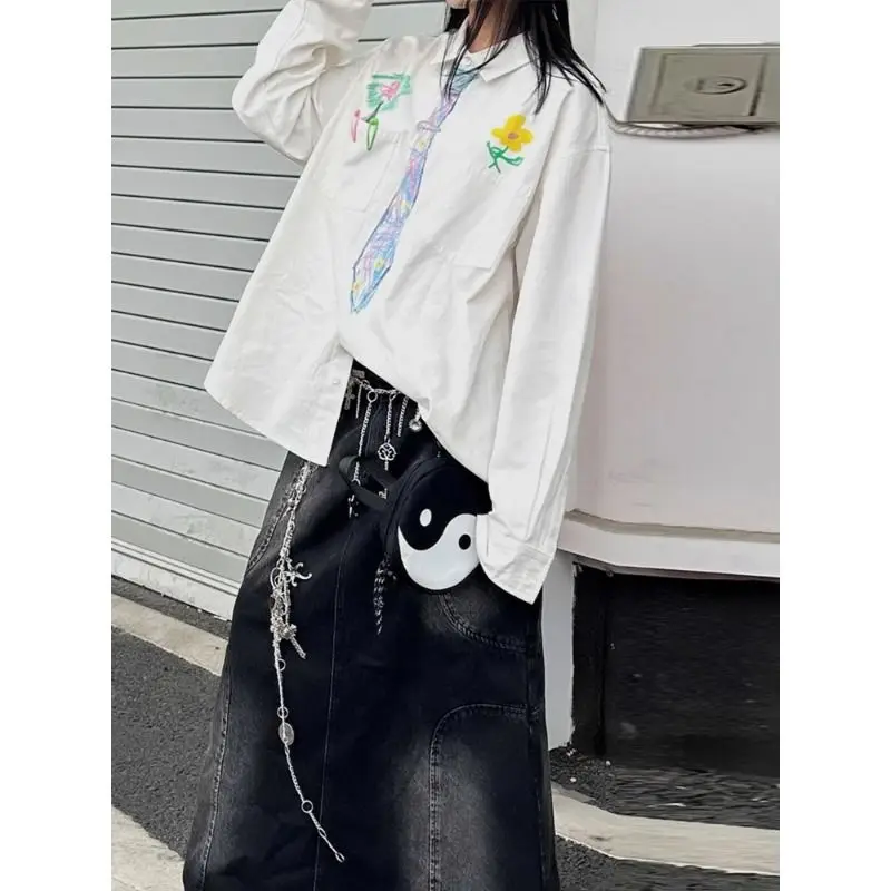 

Women's Chic White Shirt Hand-painted Tie White Shirt Young Girl Spring Autumn Streets New Fashion Female Loose Casual Grid Tops