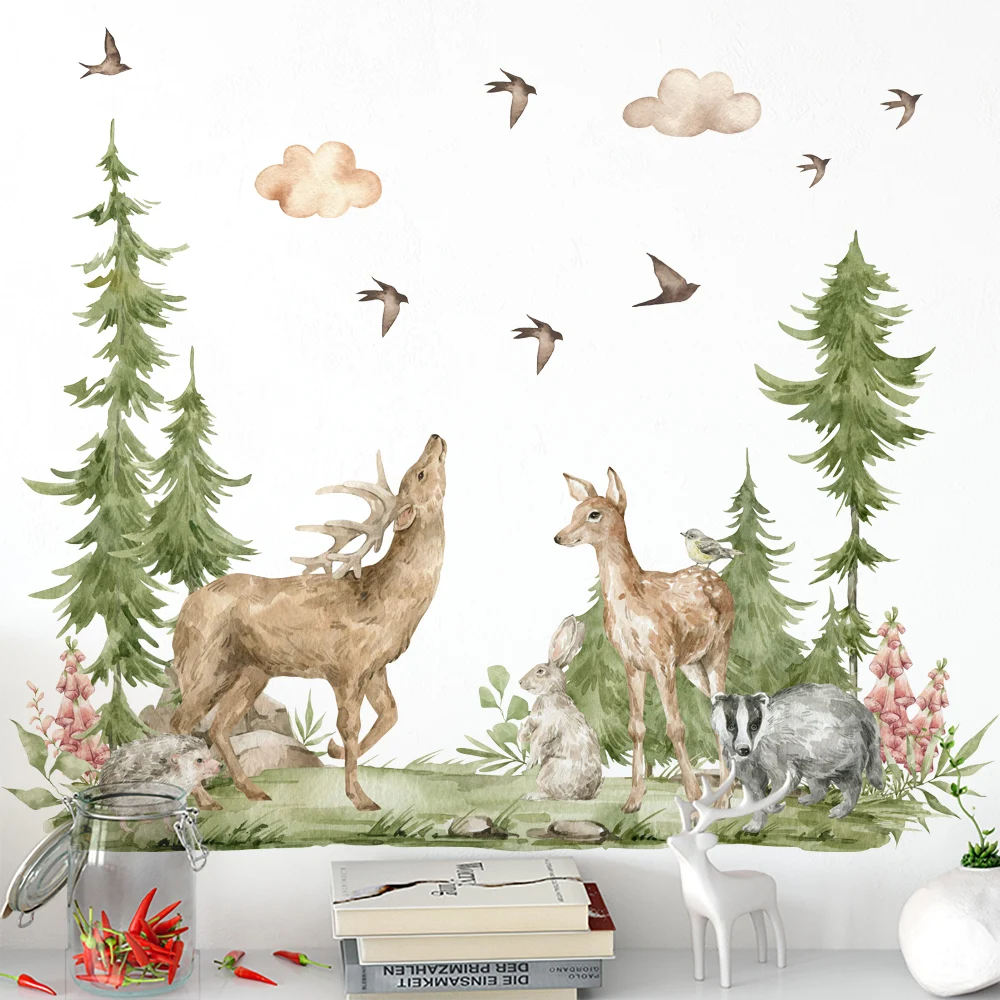 Large Forst Animals Deer Birds Wall Stickers for Bedroom Backdrop Decor Art Removable Self-adhesive DIY Wall Decals Tile Posters